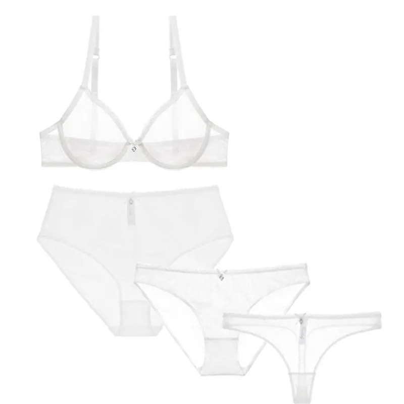 Varsbaby Sexy Transparent Underwear Set 4pcs Bras+Panties+Thongs+High Waist Briefs For Women