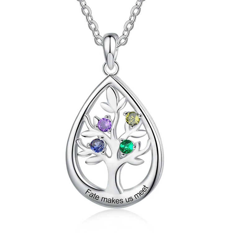 Personalized Tree of Life Water Drop Necklace with 4 Birthstones and 1 Text