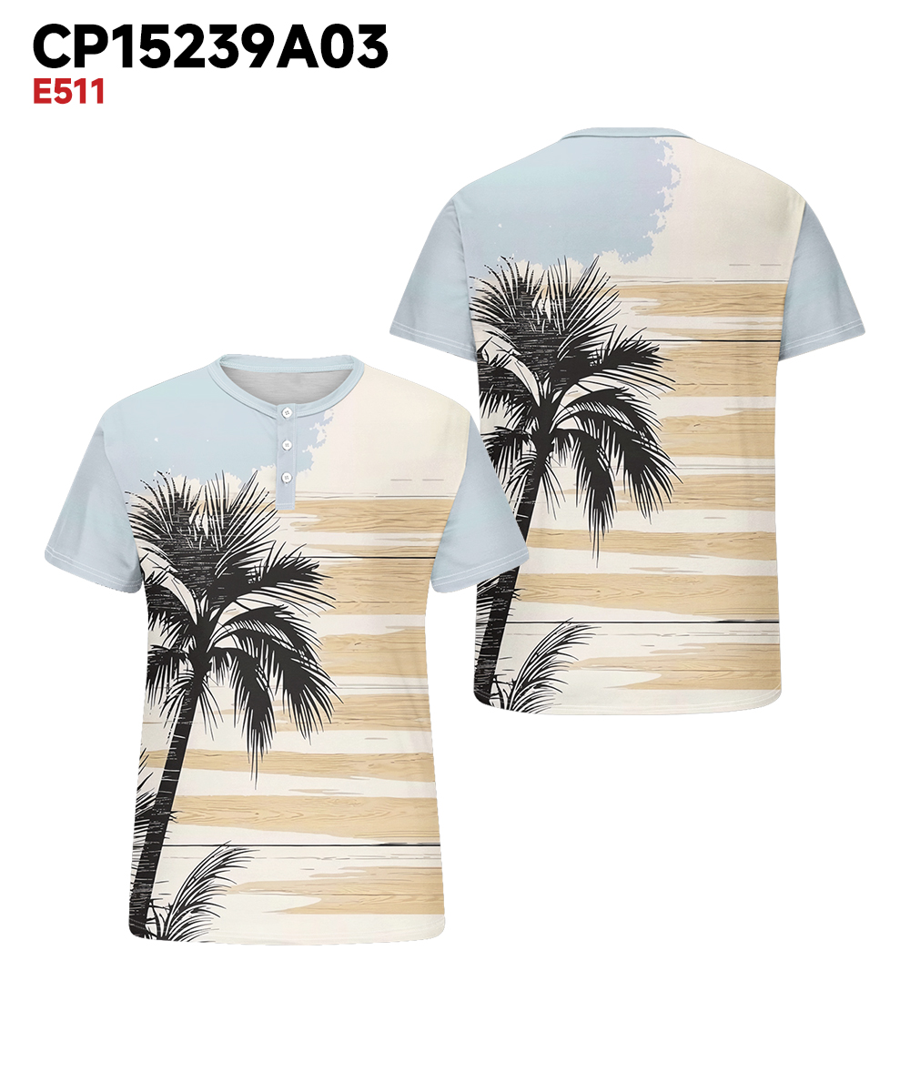Men's Plus Size Daily Casual Blue Striped Coconut Tree Print Henry Collar Button Short Sleeve T-Shirt