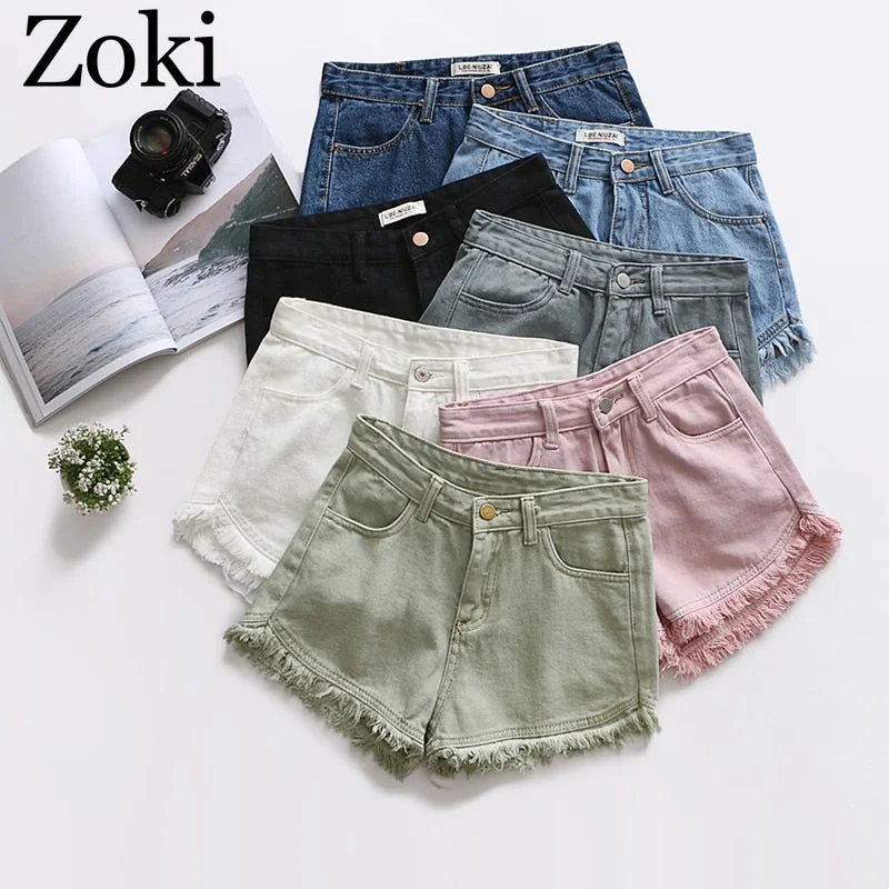 Zoki Sexy Tassel Women Denim Shorts Fashion Summer Slim Korean Chic Girl Ankle-Length Pants Black Jeans Washed Street Wear 2021