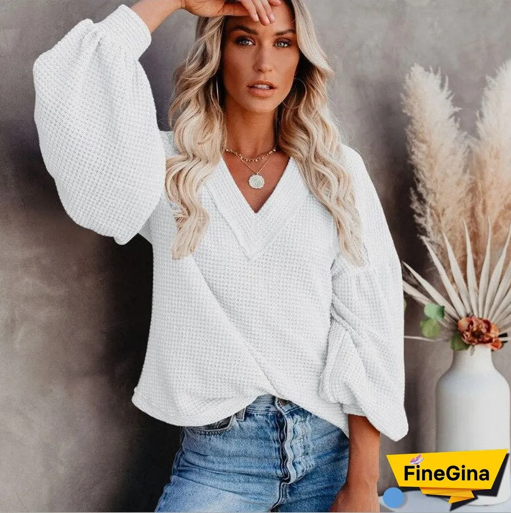 Ladies Sweater V Neck Knitted Pullovers Autumn Winter Lantern Sleeve Solid Warm Halloween Sweaters Loose Women's Jumper