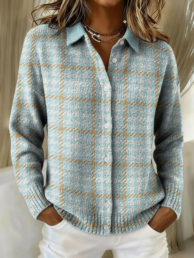 Fresh plaid decorative pattern Women's Casual Shirt Collar Sweater