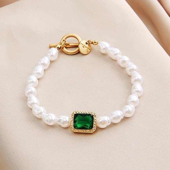 UsmallLifes King   2021 New Pearl Bracelet creative retro fashion simple temperament inlaid green gem bracelet US Mall Lifes