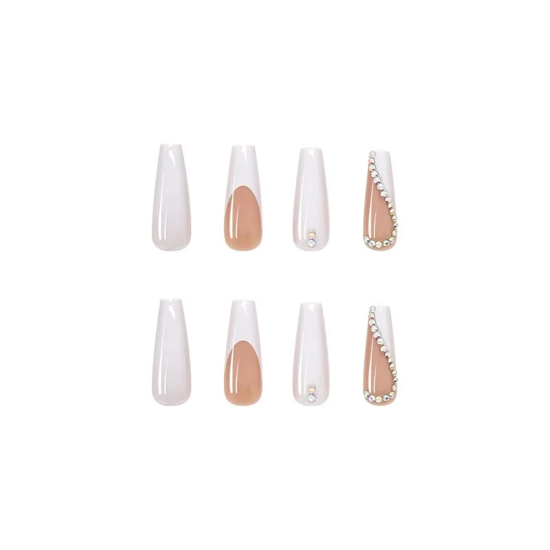 White French False Nails Detachable Long Rhinestone Coffin Fake Nails Acrylic Beauty Print Bride Ballerina Nail Art Full Tips-Nail Inspo