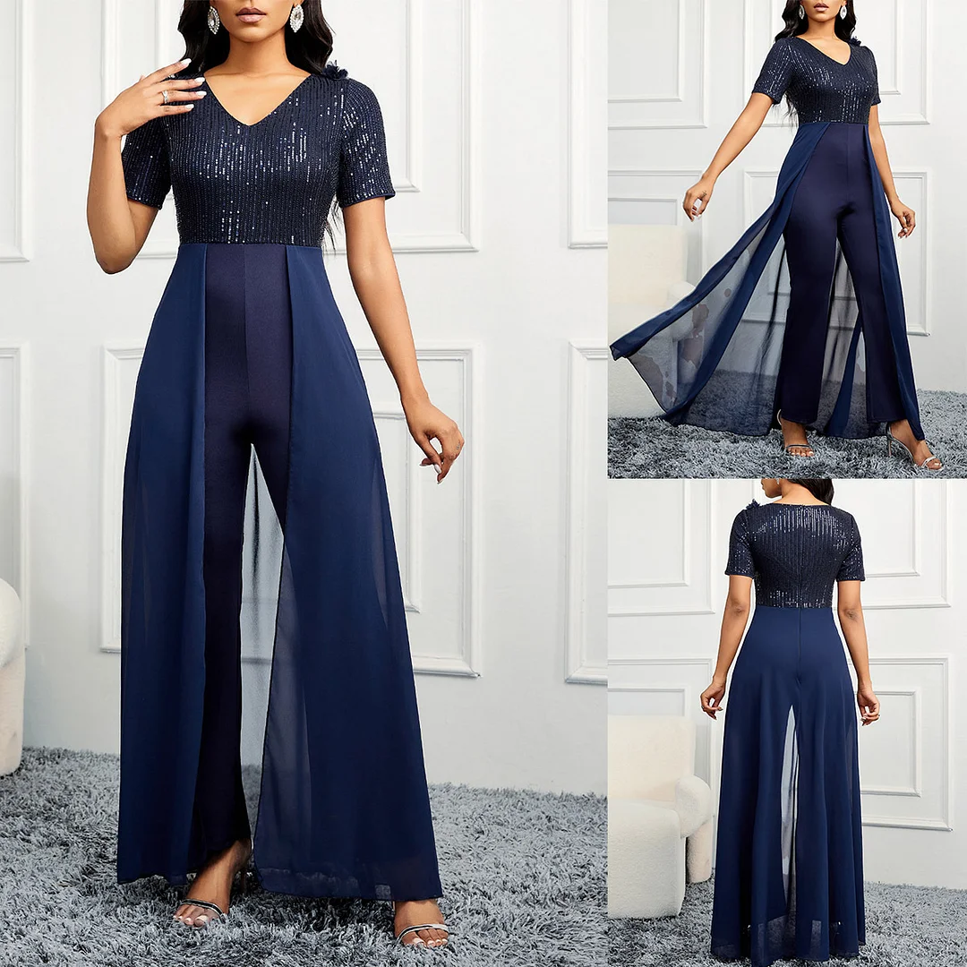 Uveng Uveng Solid-Color V-Neck Fashion Sleeves Sleeves Elegant Body-Pair Party Jumpsuits