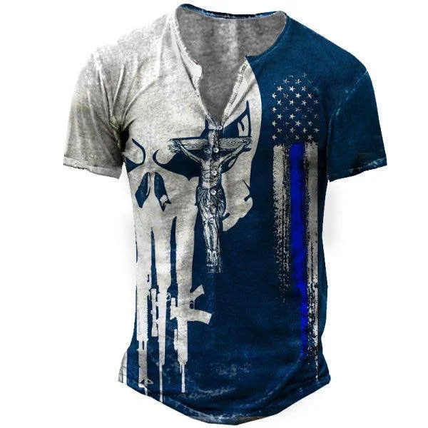West Virginia Blue Line Men's Vintage Print Freedom Henley T-Shirt