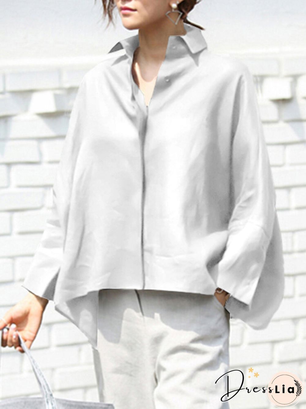 Plain Lapel Loose High-low Hem Long Sleeve Casual Shirt