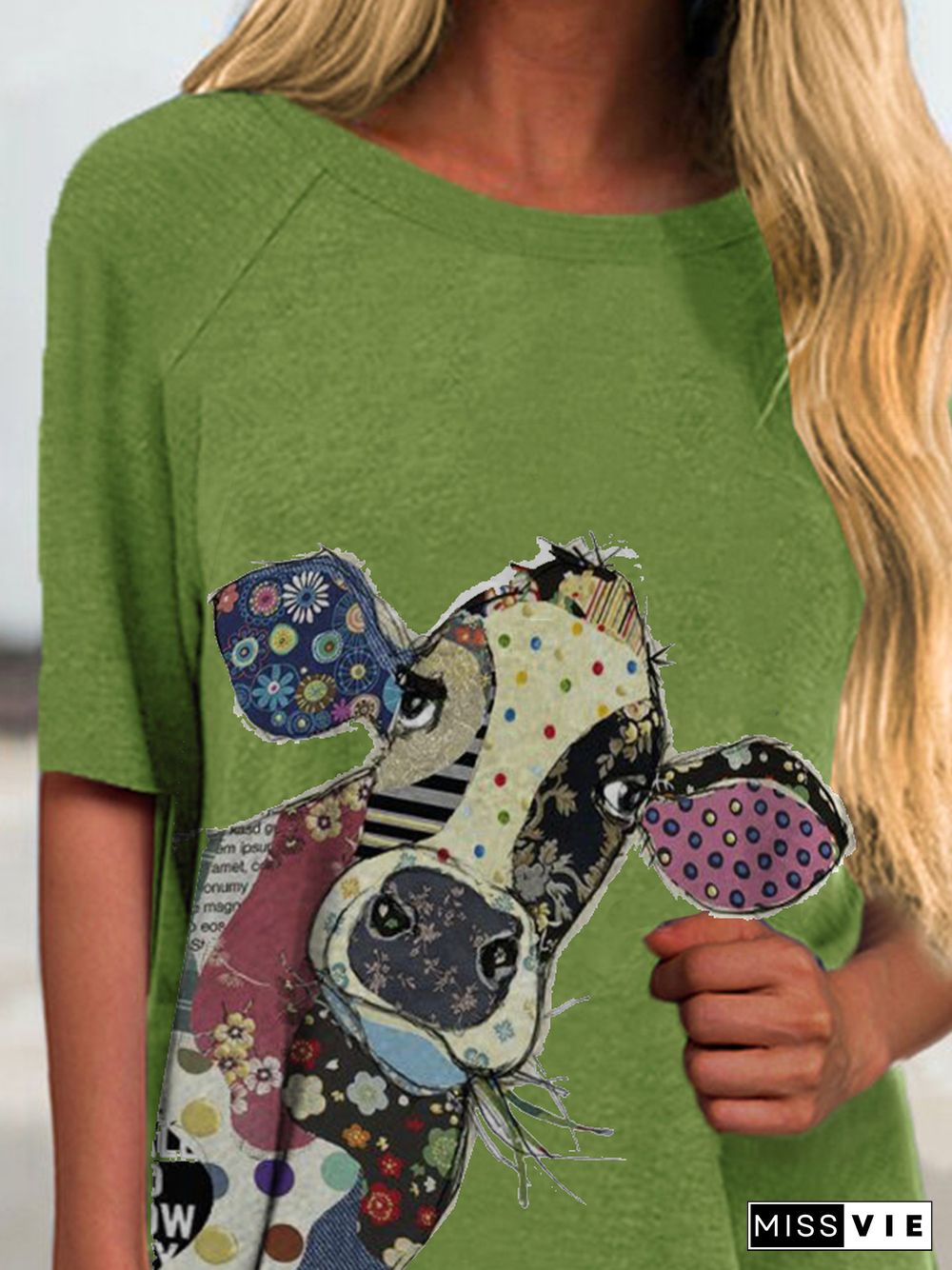 Women Crew Neck Green Casual Knitted Animal T-shirt