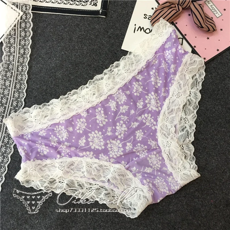 European Style Sexy Underwear Women's Ice Silk Printing Panties Fashion Lace Briefs Ladies Low Waist Underpants Female Lingerie