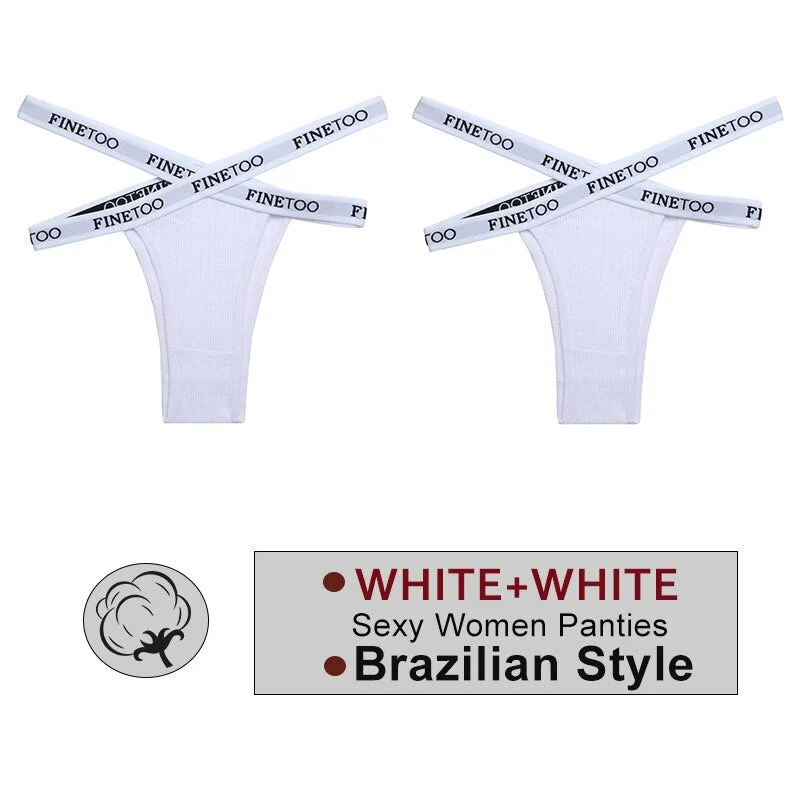 FINETOO 2PCS/Set Women's Cotton Letter Panties Hollow Out Brazilian Pantys Fashion Thong Femme Cross Strap Sexy Woman Underwear