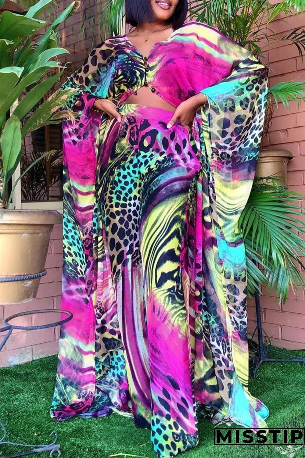 Blue Fashion Casual Print Slit V Neck Long Sleeve Two Pieces