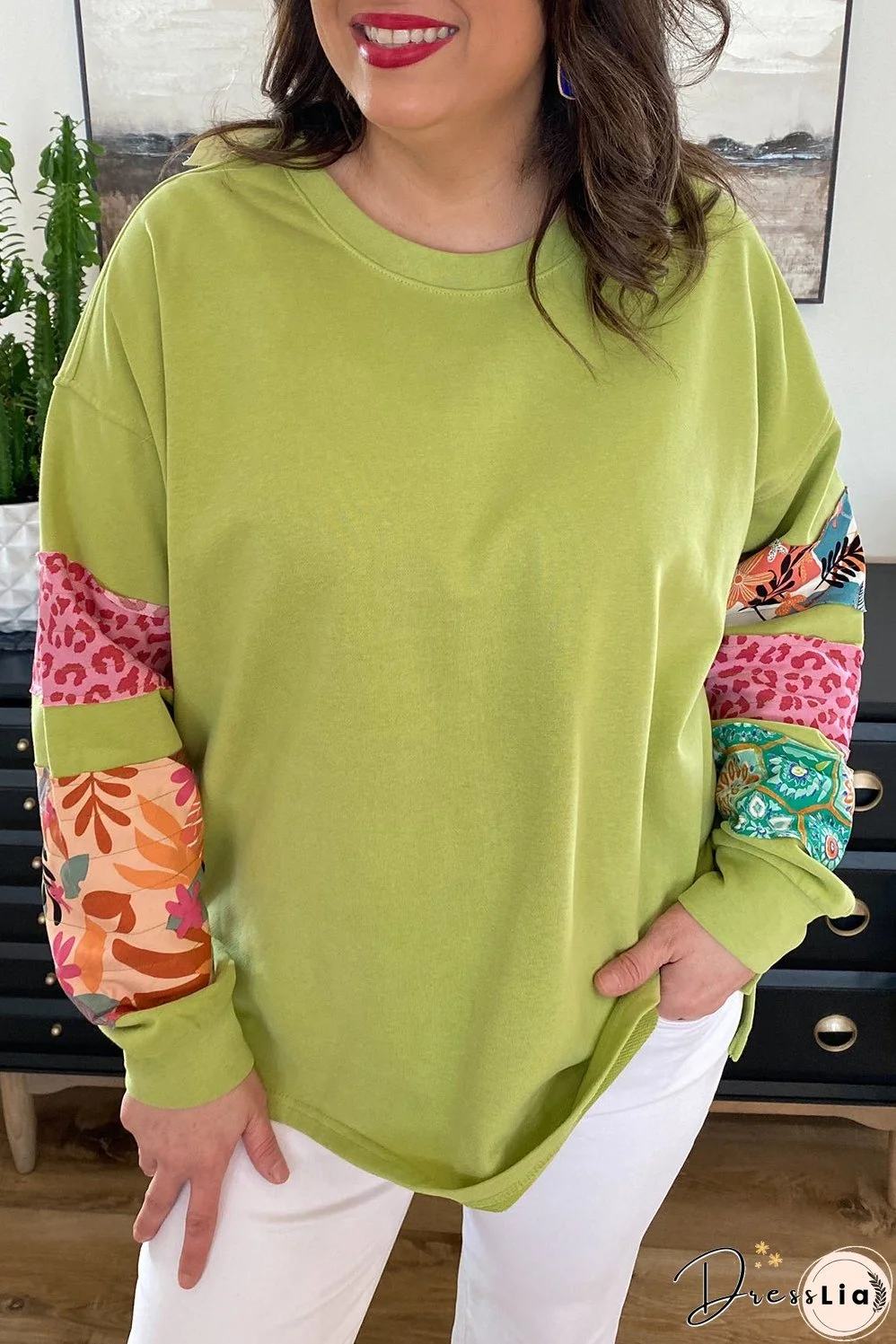 Green Plus Size Printed Patchwork Sleeve Split Sweatshirt