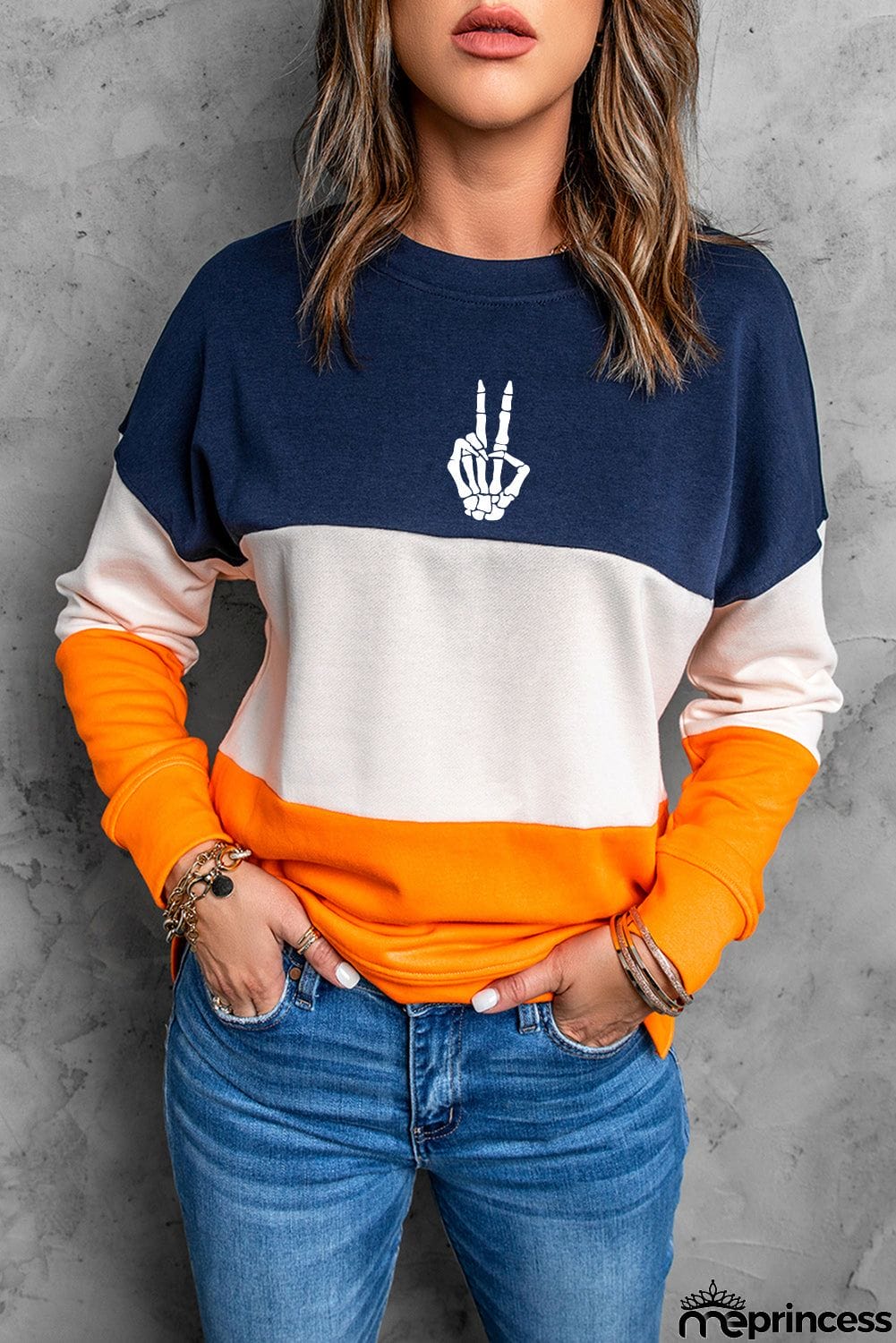 Halloween Skeleton Gesture Print Color Block Sweatshirt