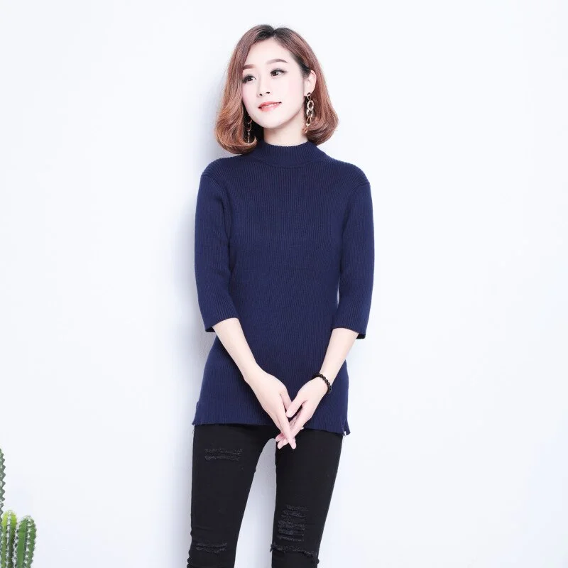 Autumn Sweater Women Casual Slim O-Neck Bottoming Sweaters Solid Color Winter Basic Tops Wild Seven-Sleeve Pullover Top