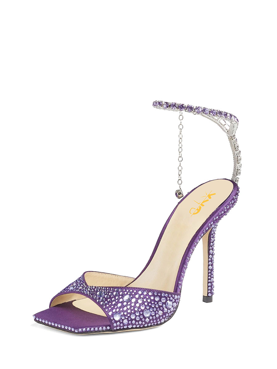 Elegant Purple Square-Toe Evening Heels Ankle Strap Rhinestone Sandals
