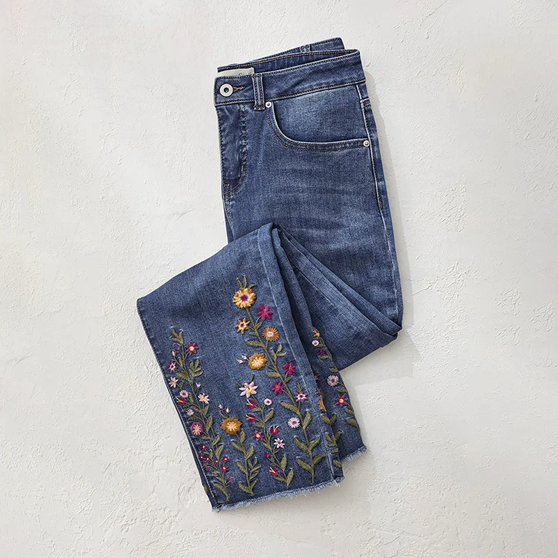 Vintage Walk In The Wildflowers Embroidery Art Design Jeans