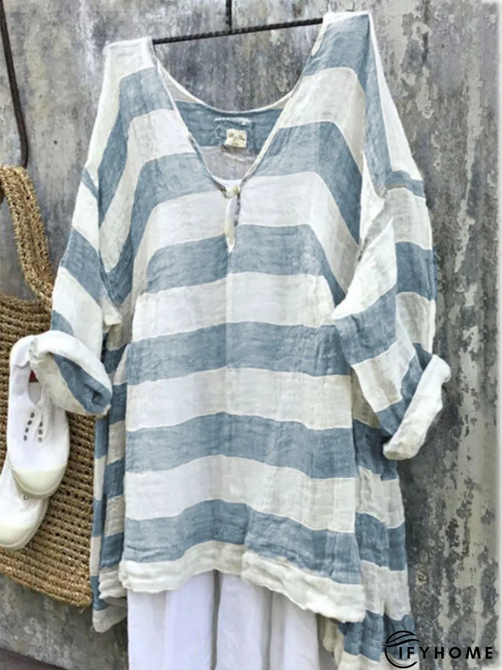 Casual 3/4 Sleeve V Neck Striped Bat Sleeve Top | IFYHOME