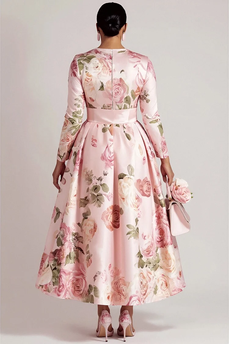 Xpluswear Design Plus Size Wedding Guest Pink Floral Round Neck Long Sleeve Wrap Elegant Bow Tie Satin Maxi Dresses