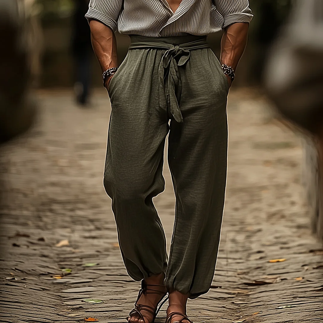 Striped Linen-Blend Wide-Leg Pants With Adjustable Waist Tie-inspireuse