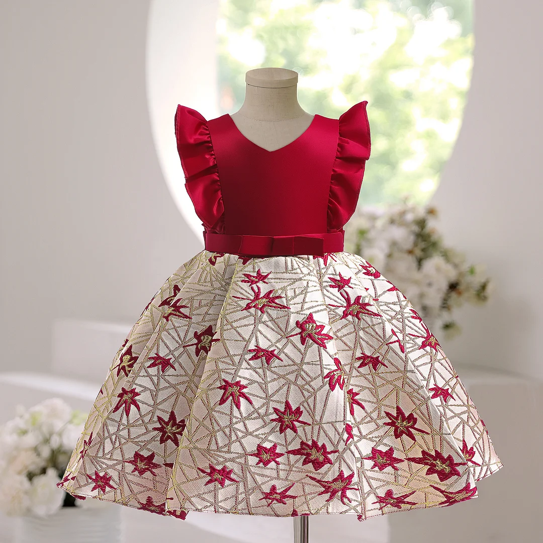 Children's Pleated Princess Dress with Floral Embroidery - Perfect for Performances and Special Occasions!