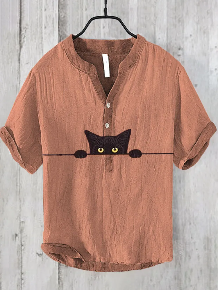  Japanese Art Black Cat Print Cotton Blend Shirt Westsshops