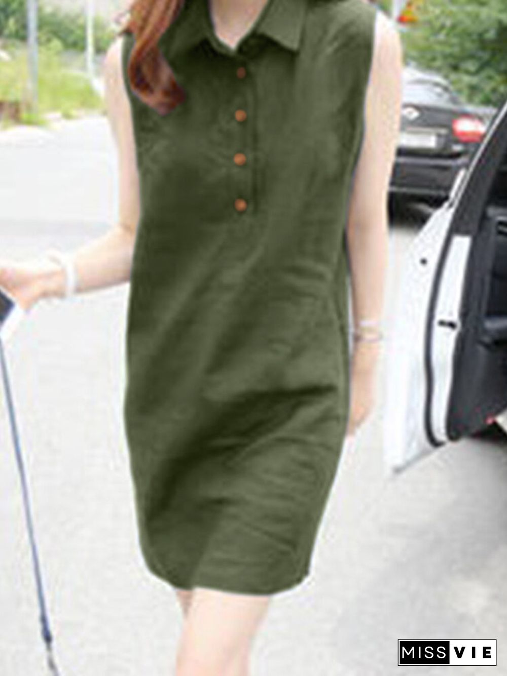 Solid Sleeveless Button Front Lapel Dress For Women