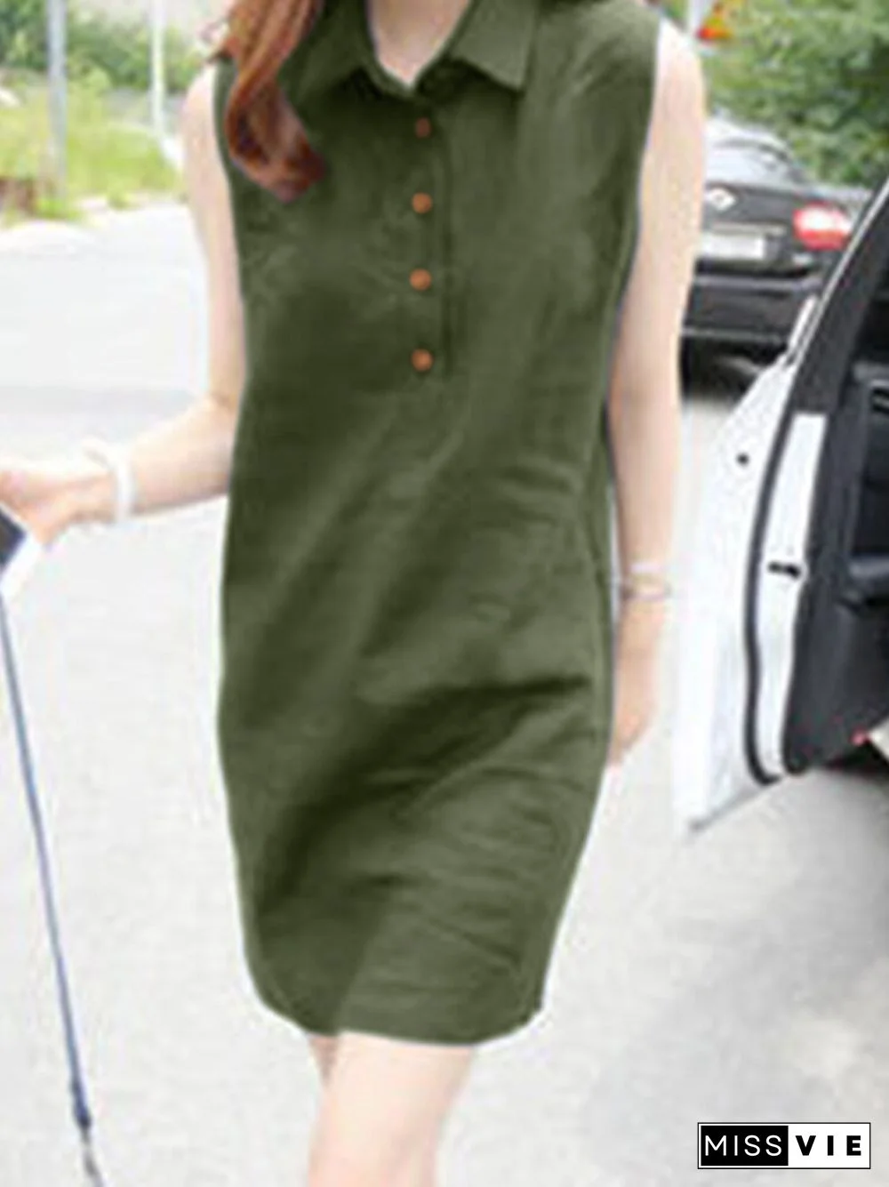 Solid Sleeveless Button Front Lapel Dress For Women
