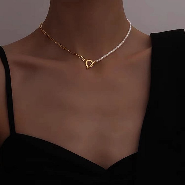 Natural freshwater millet pearls | Golden chain OT short necklace | pearl choker