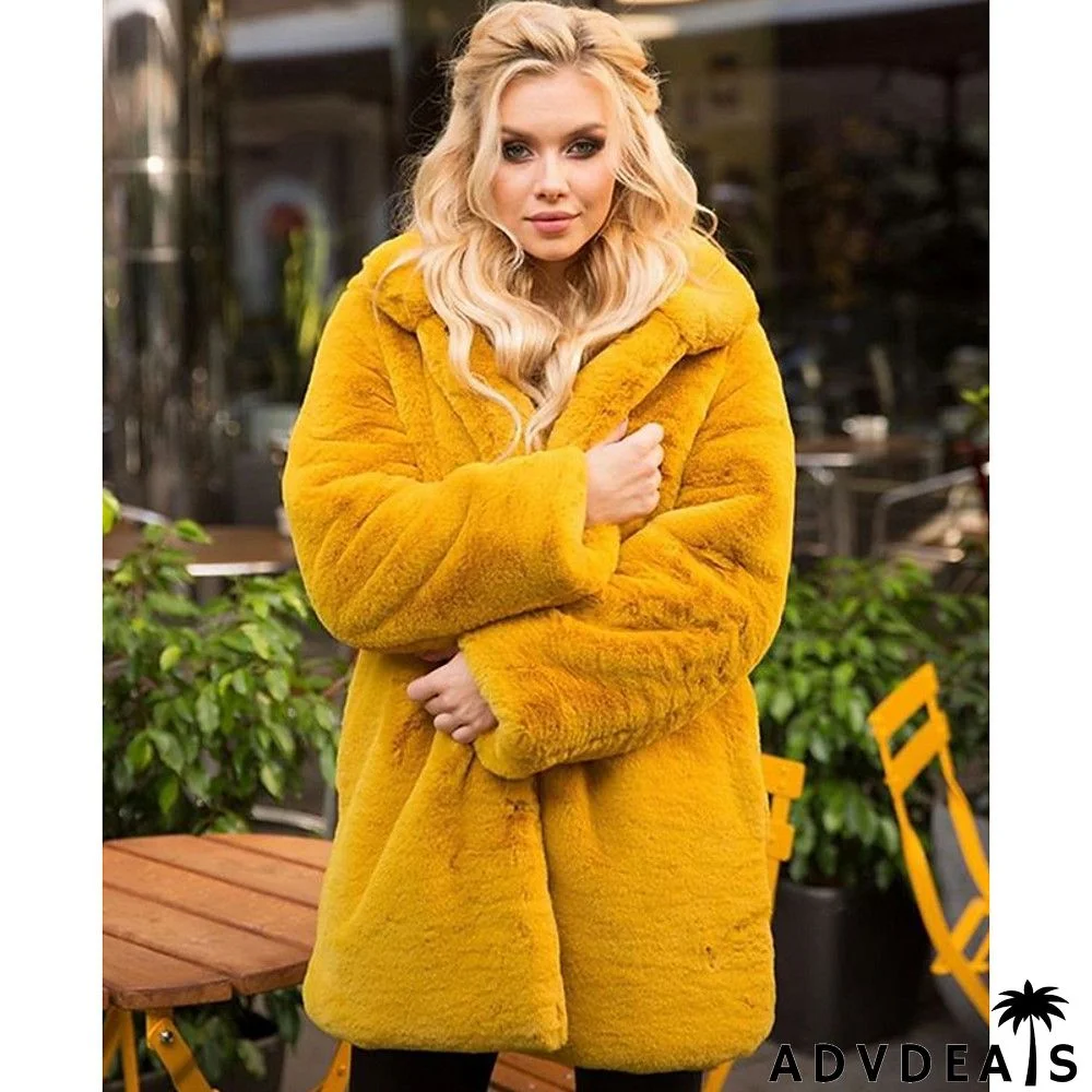 Plus Size Winter Women Standing Collar Imitation Rabbit Furplush Mid-Length Solid Color Over Coat