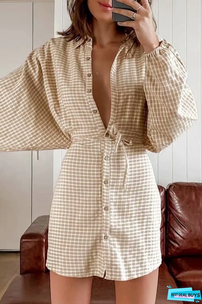 Fashion Elegant Plaid Frenulum Buckle Turndown Collar Straight Dresses