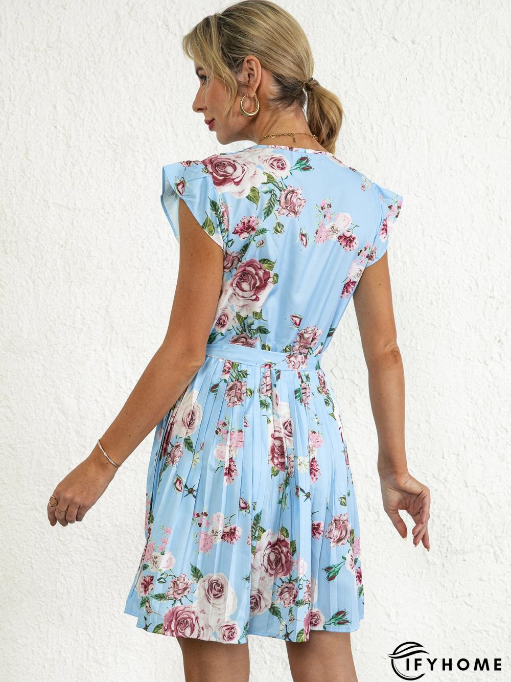 Floral Print V neck Short Sleeve Holiday Mini Dresses | IFYHOME