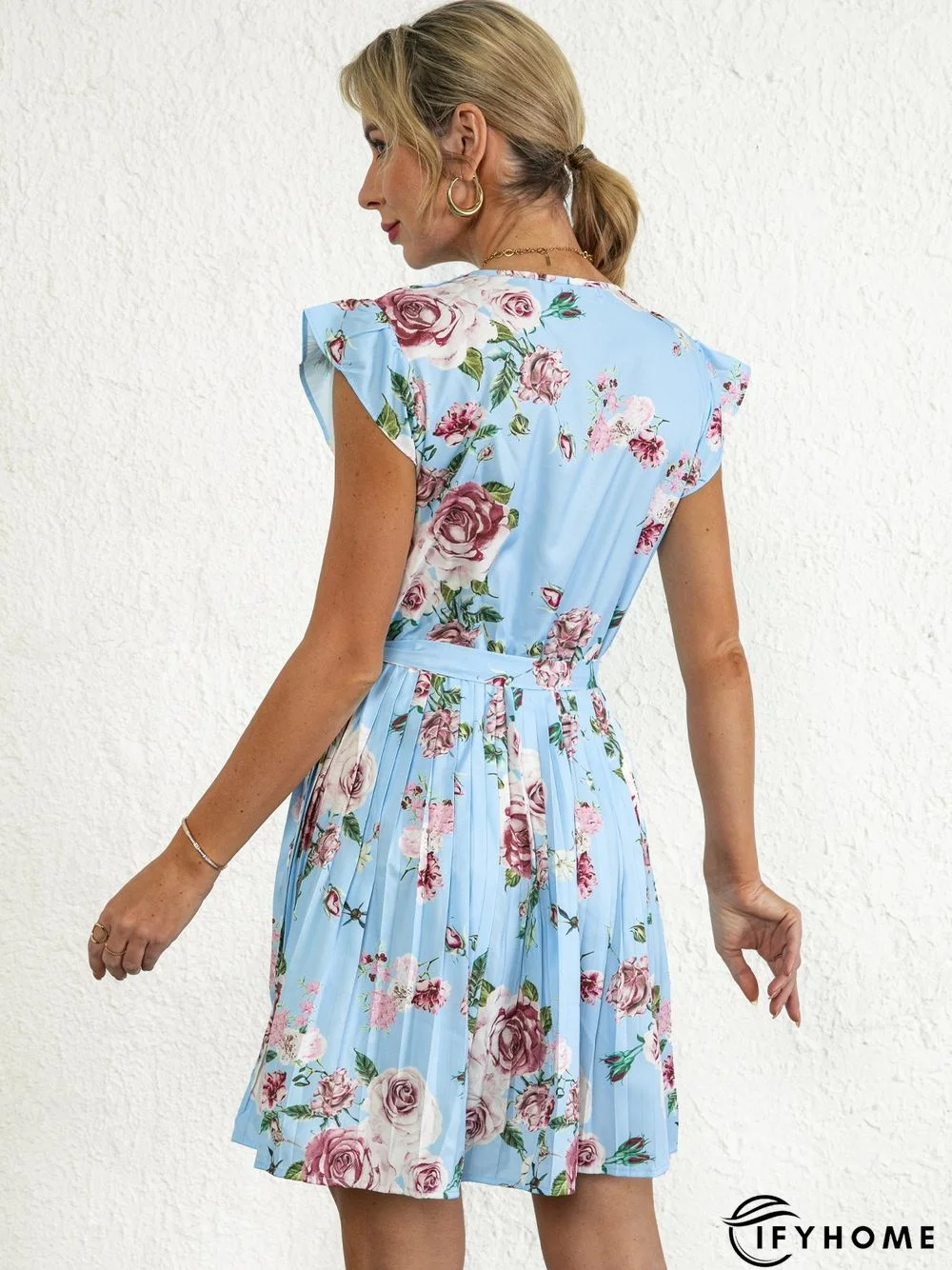 Floral Print V neck Short Sleeve Holiday Mini Dresses | IFYHOME