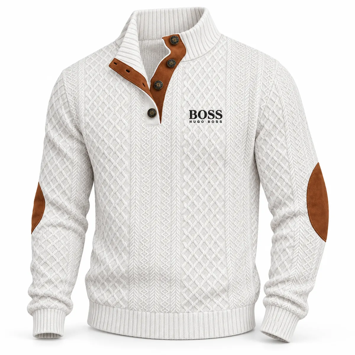 White sweater showing the textured knit, contrast button placket and elbow patches