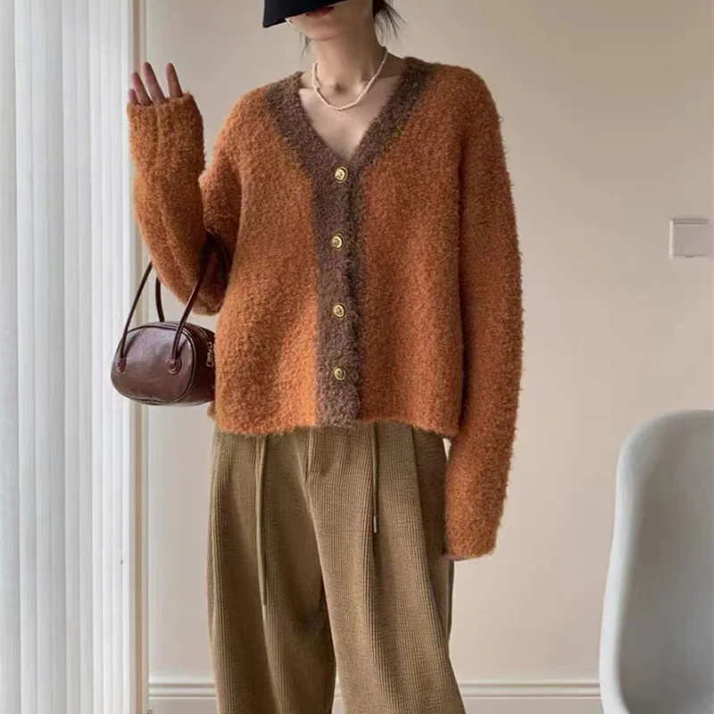 Churchf Churchf Small Fragrant Wind Winter New Female Bump Color V-Neck Loose Long-Sleeved Single Breasted Sweater Jacket Coat Tide