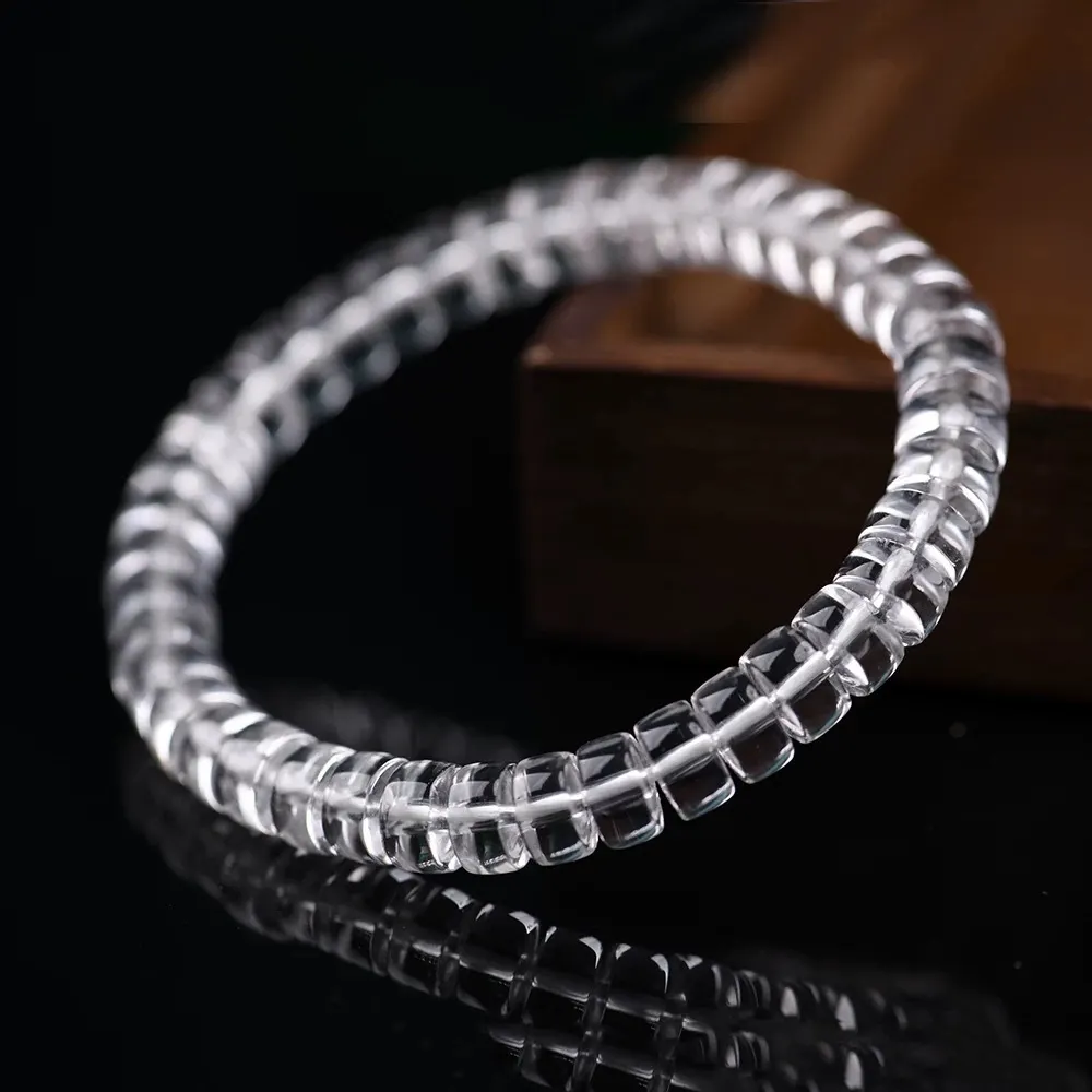 JiStones Pure Clarity: Natural White Crystal Tablet Bead Bracelet