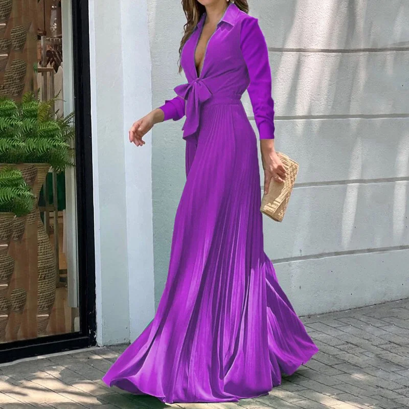 Women Jumpsuit Fashion V Neck Long Sleeves Lapel Solid Nipped Waist Lace Up Loose Wide Legs Romper High Streetwear