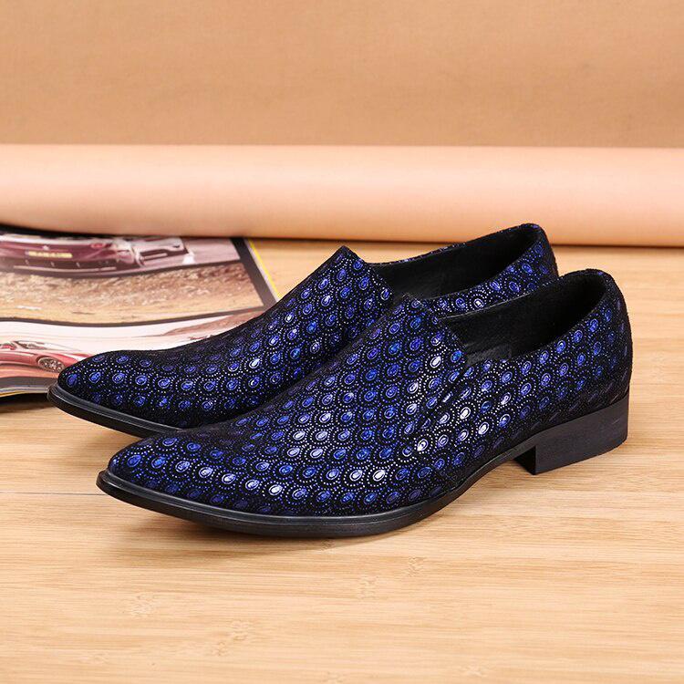 GOOSHOE Blue Leather Velvet Loafers Flats Smoking Slippers Pointed Toe Mens Dress Shoes