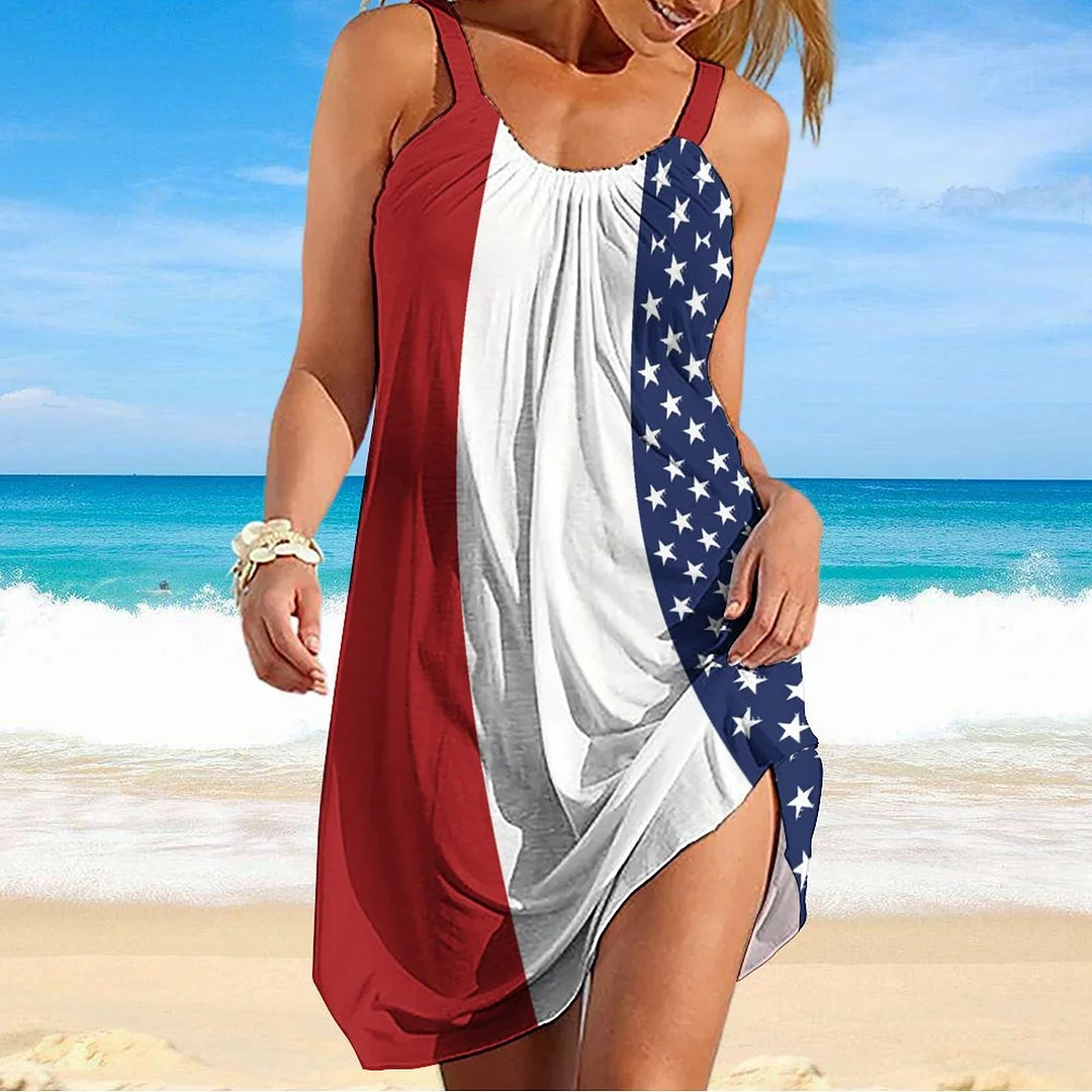 Women Beach Dress Sleeveless O-neck Casual Plus Size Mini Dress in Pattern American Flag, Stars, Red, White