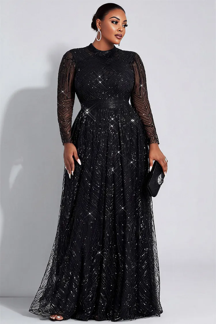 Xpluswear Design Plus Size Formal Black Round Neck Long Sleeve Sequin Maxi Dresses [Pre-Order] 2024 - Xpluswear