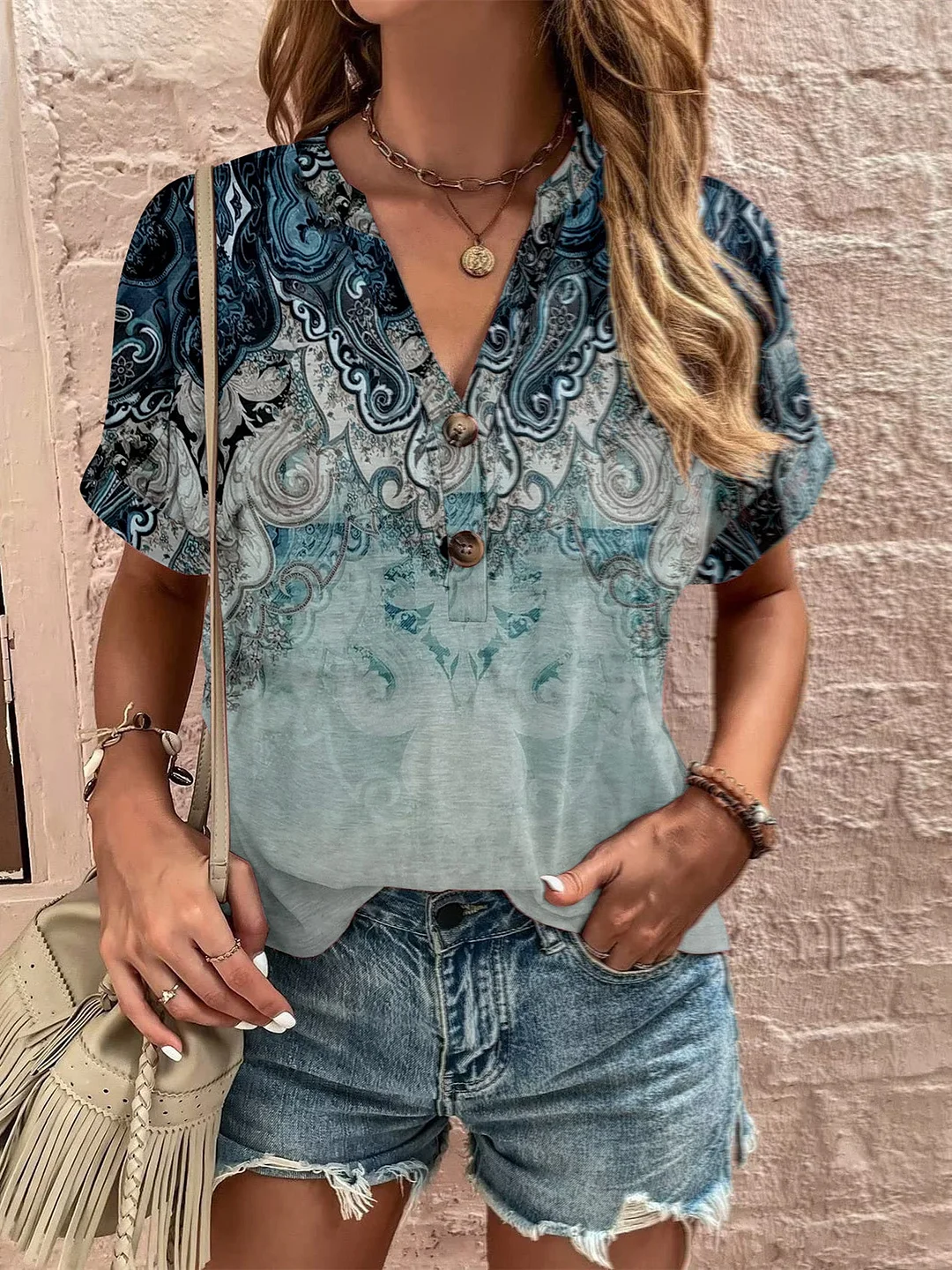 Women's Summer Short Sleeve V-neck Button Gradient Print Fashion Casual Top
