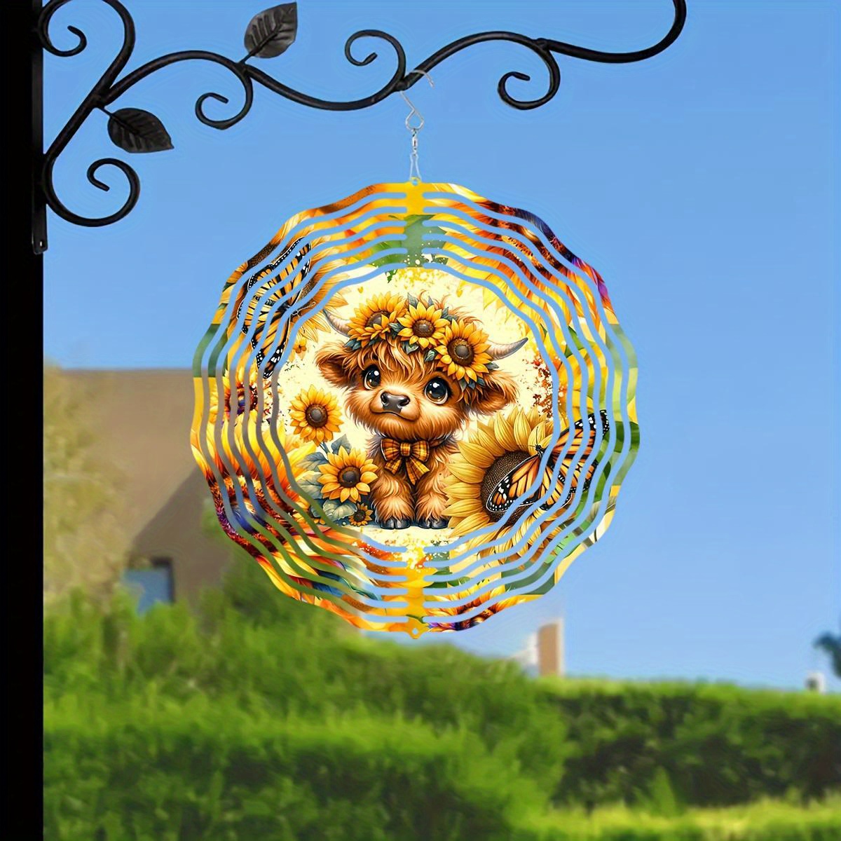Tegooe Tegooe Highland Cow Sunflower Metal Wind Spinner 2D Laser-Cut Hanging Outdoor Garden Art Patio Decor
