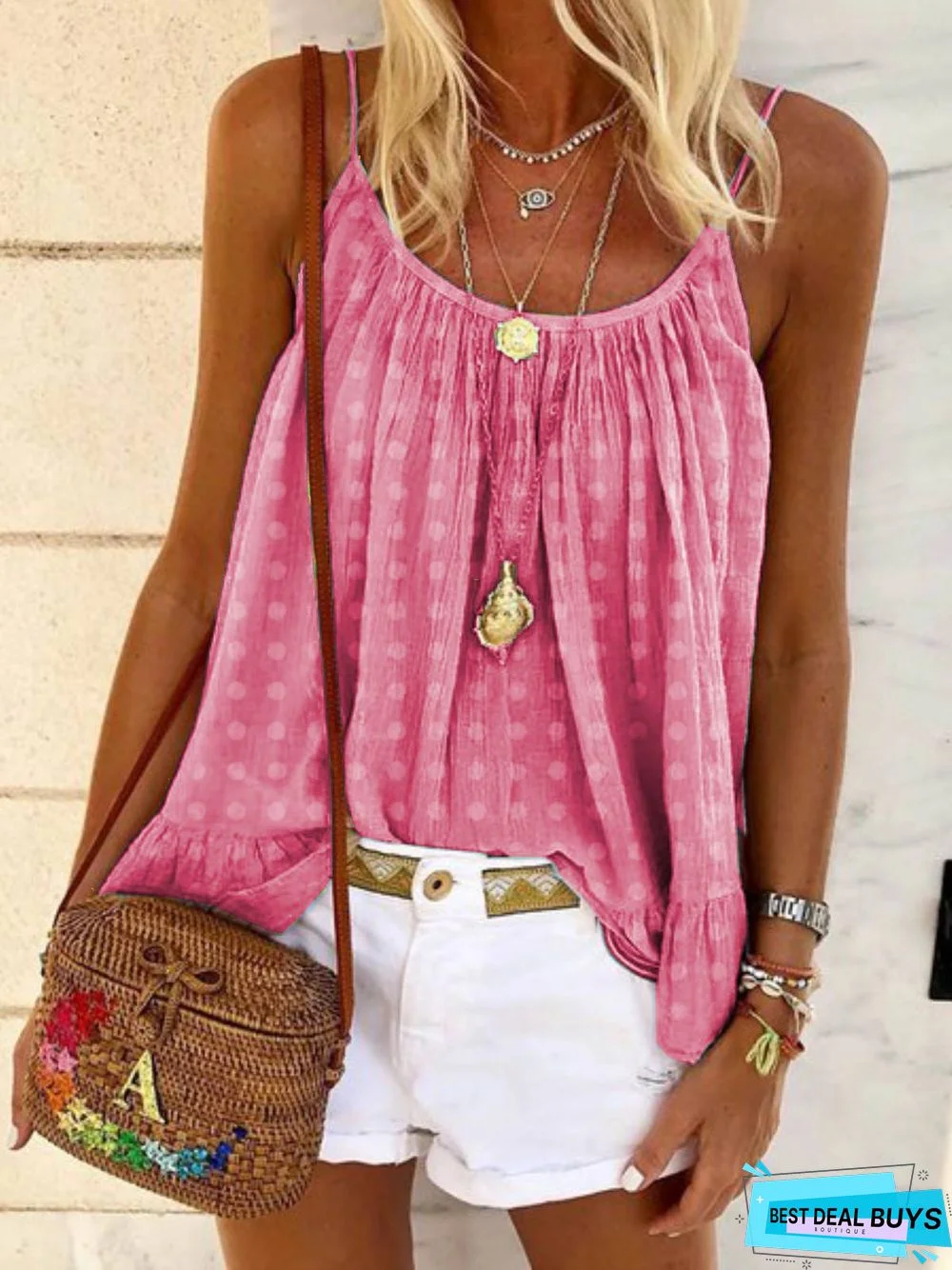Polka Dots Cotton-Blend Vacation Crew Neck Tank & Cami