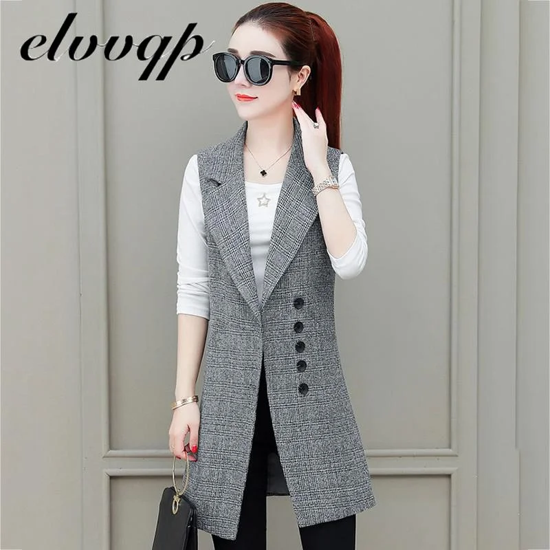 Fashion Long Plaid Vest Women's Sleeveless Blazer Spring Autumn Plus Size Women Elegant office work Suit Vest Female Waistcoat