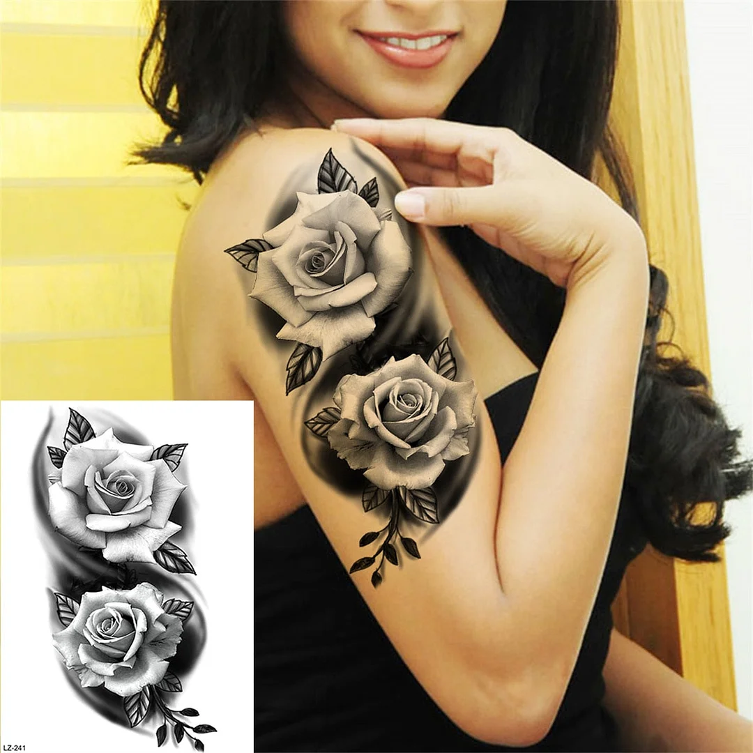 Black Rose Flower Temporary Tattoos For Women Girls Floral Peony Tattoo Sticker Dahlia Fake Anemone 3D Arm Tatoos Self Adhesive
