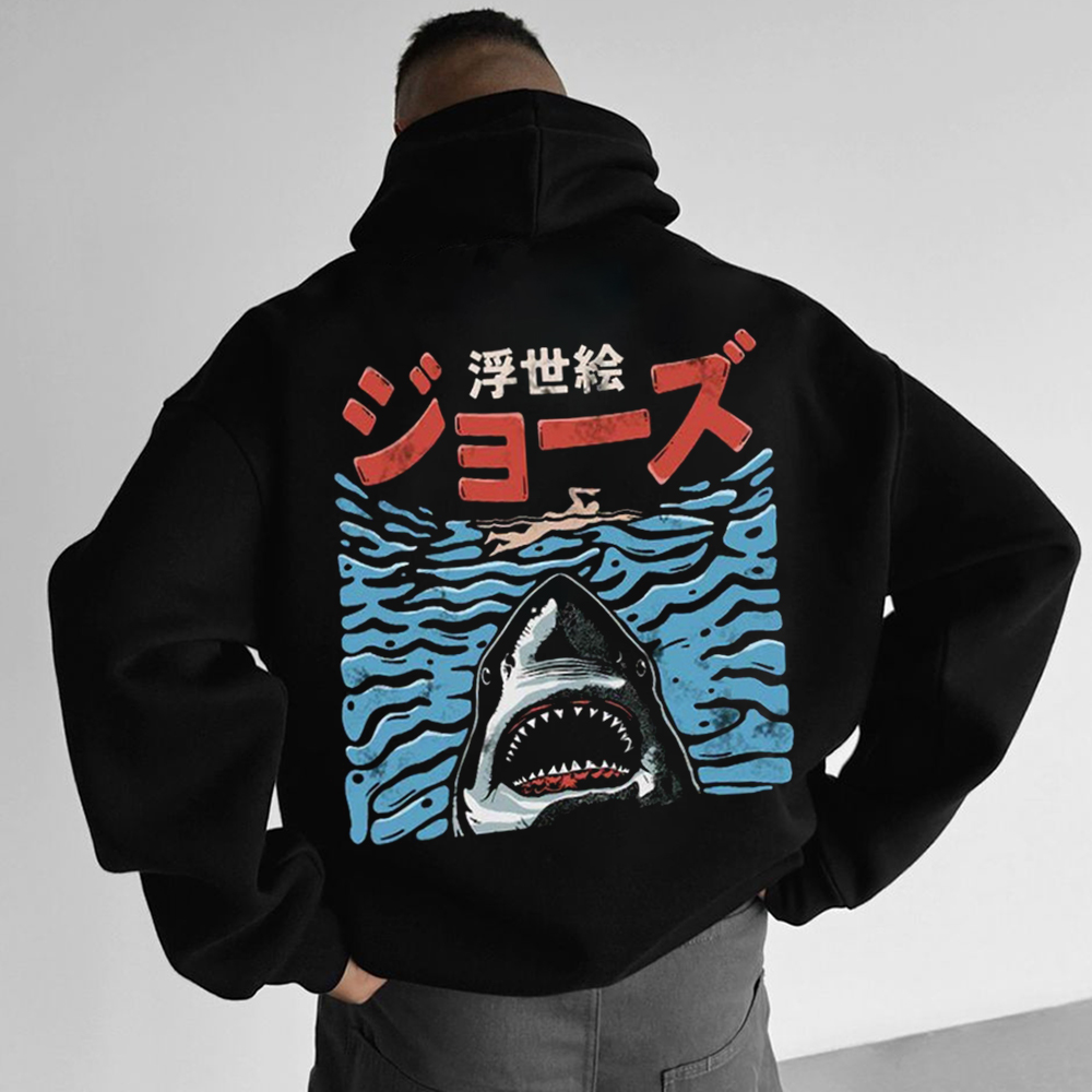 Oversized Unisex Ocean Japanese Shark Printed Casual Hoodie