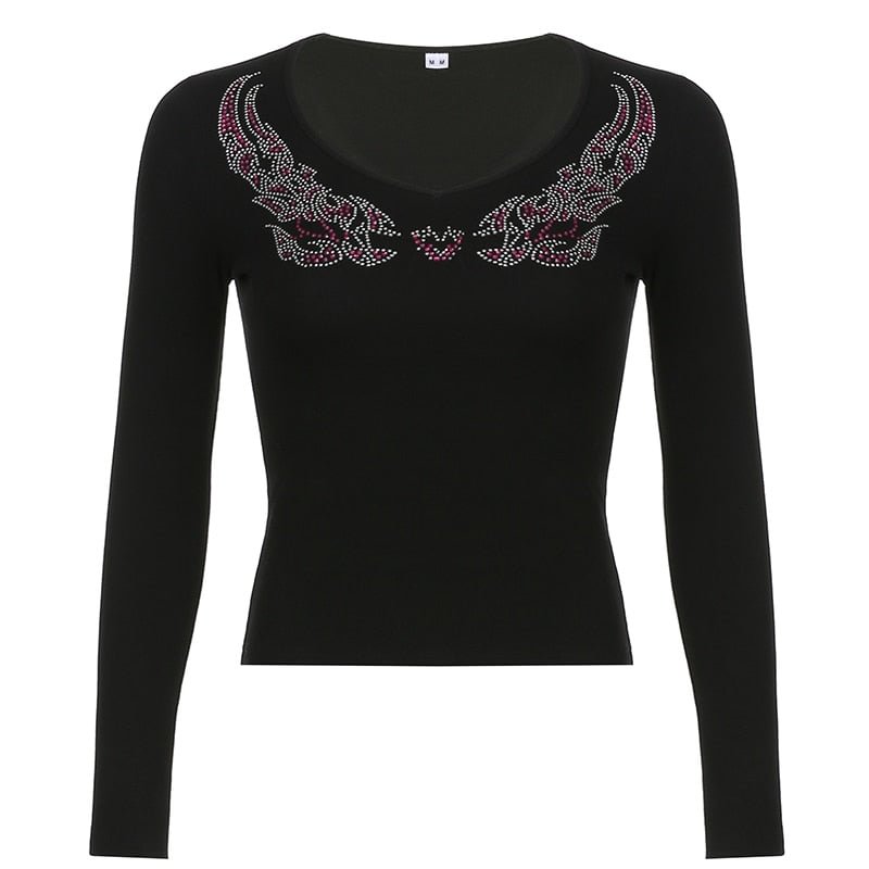 Rapcopter Diamonds Crop Top Black Long Sleeve Knitted T Shirt V Neck Basic Harajuku Pullovers Women Autumn Winter Tee Korean 90s
