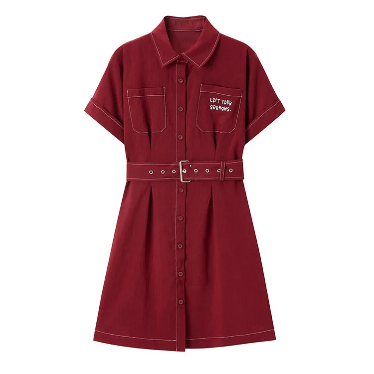 Letter Embroidery Pocket Belted Lapel Dress - Modakawa Modakawa