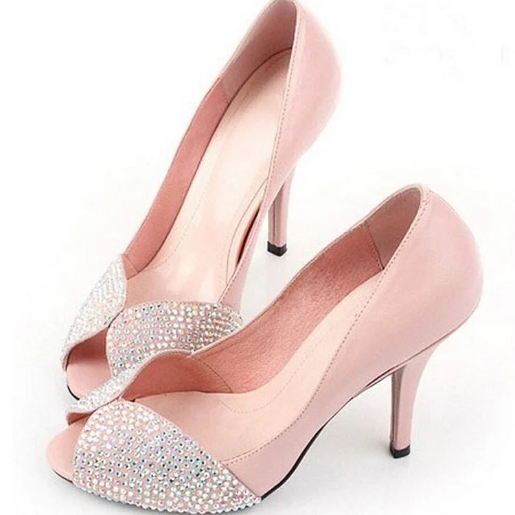 Pink Rhinestone Peep Toe Wedding Pumps in US Size 3-15 Vdcoo