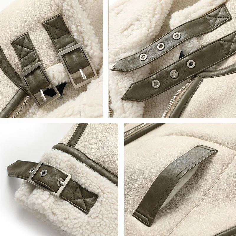 FTLZZ Winter Lambs Wool Splicing PU Leather Jacket Women Fur Collar Warm Thick Parkes Stand Collar Faux Lamb Loose Leather Coat