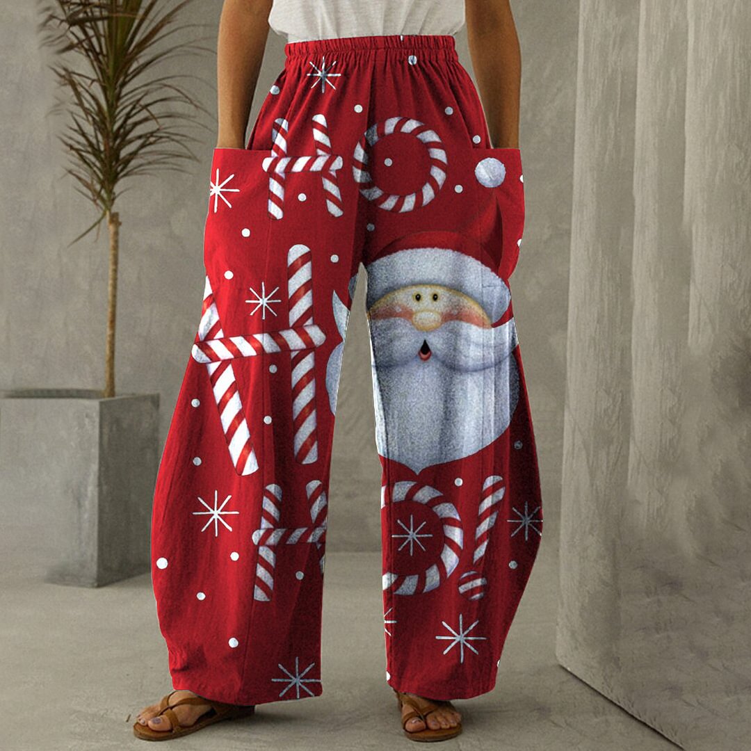 Cartoon Christmas Santa Printed Women Casual Loose Wide-leg Pants